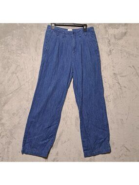 J.Crew Sz 8 Blue Straight Leg Denim Pant High-Waisted Pleated Relaxed Fit Casual